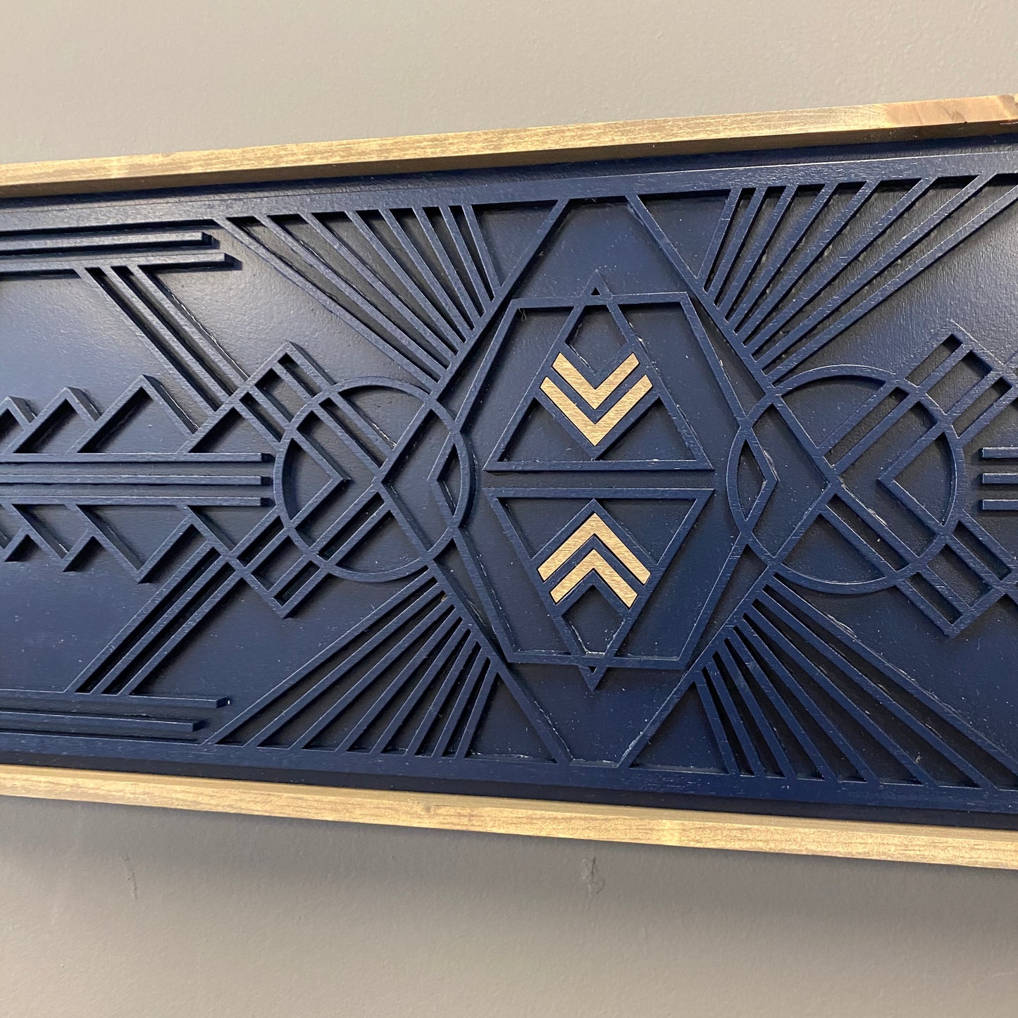 Wood Sign - Navy Blue Wood Mosaic with Stained Chevron Accents