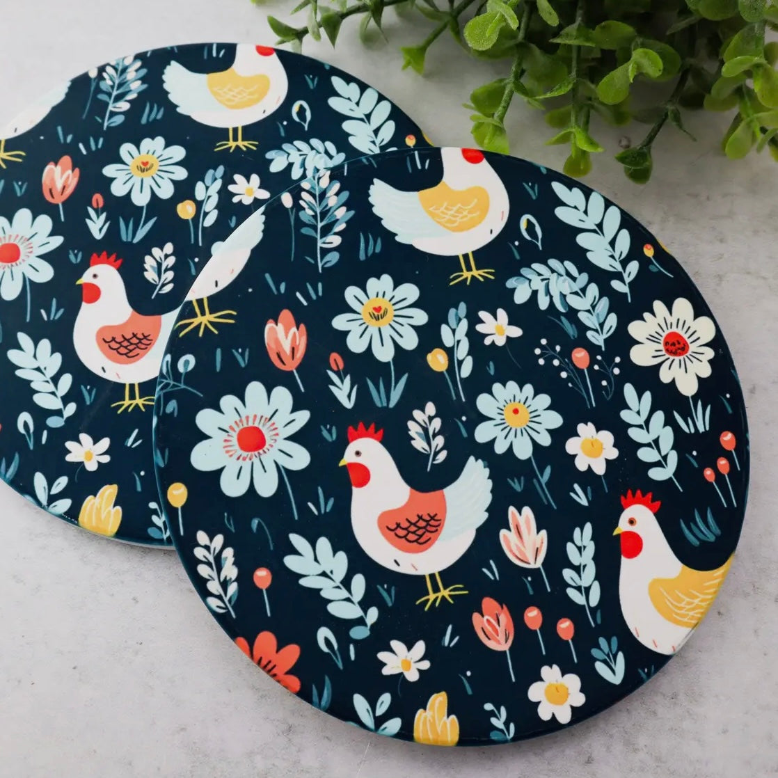 Becky Bug Designs - Ceramic Coaster with Cork Bottom - Chickens