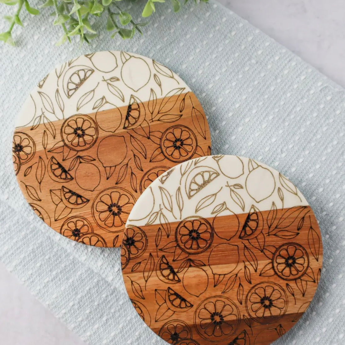 Becky Bug Designs - Marble and Acacia Coaster - Lemons