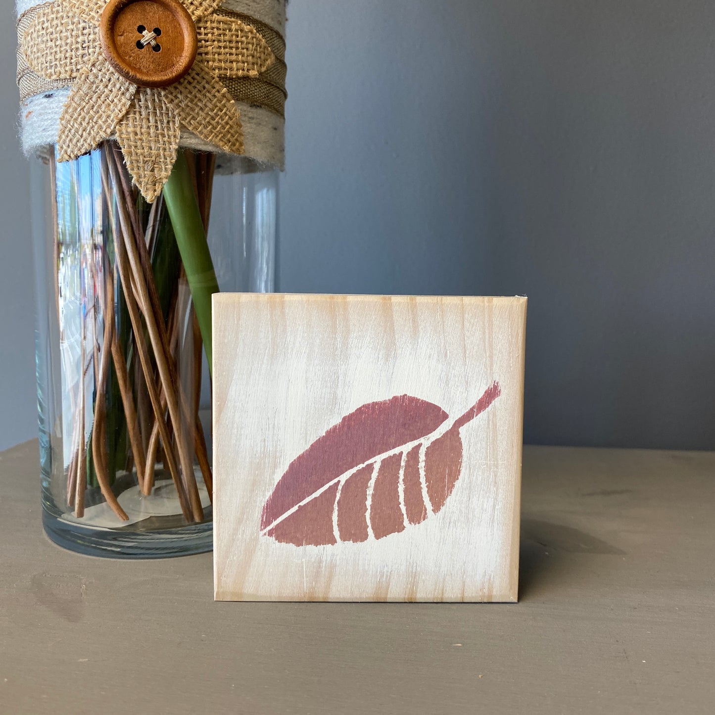 Fall Leaf Decoration - Mini Wood Sign with Red Fall Rustic Leaf