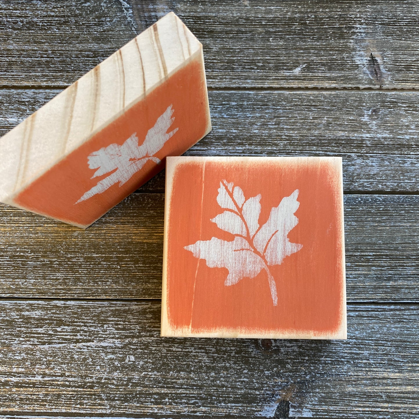 Fall Leaf Decoration - Mini Wood Sign with Orange and Beige Fall Leaf