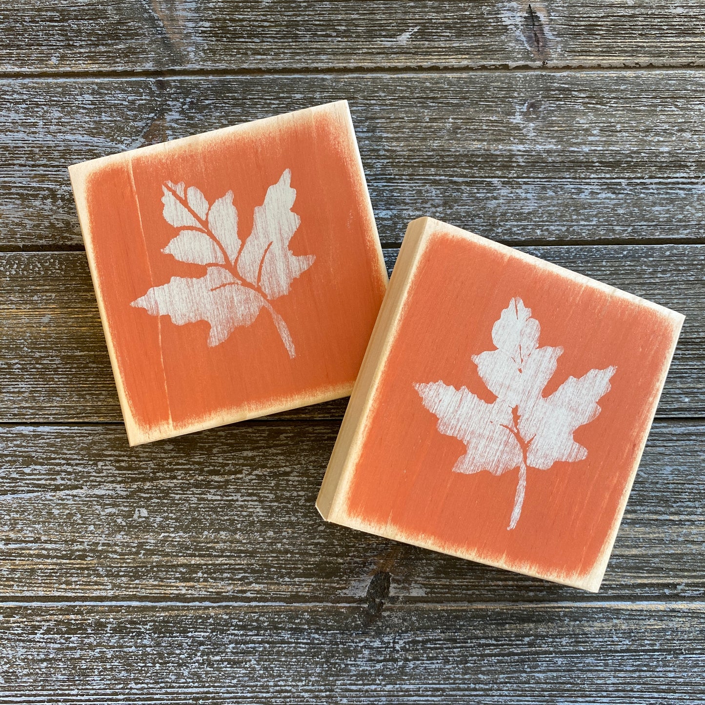 Fall Leaf Decoration - Mini Wood Sign with Orange and Beige Fall Leaf