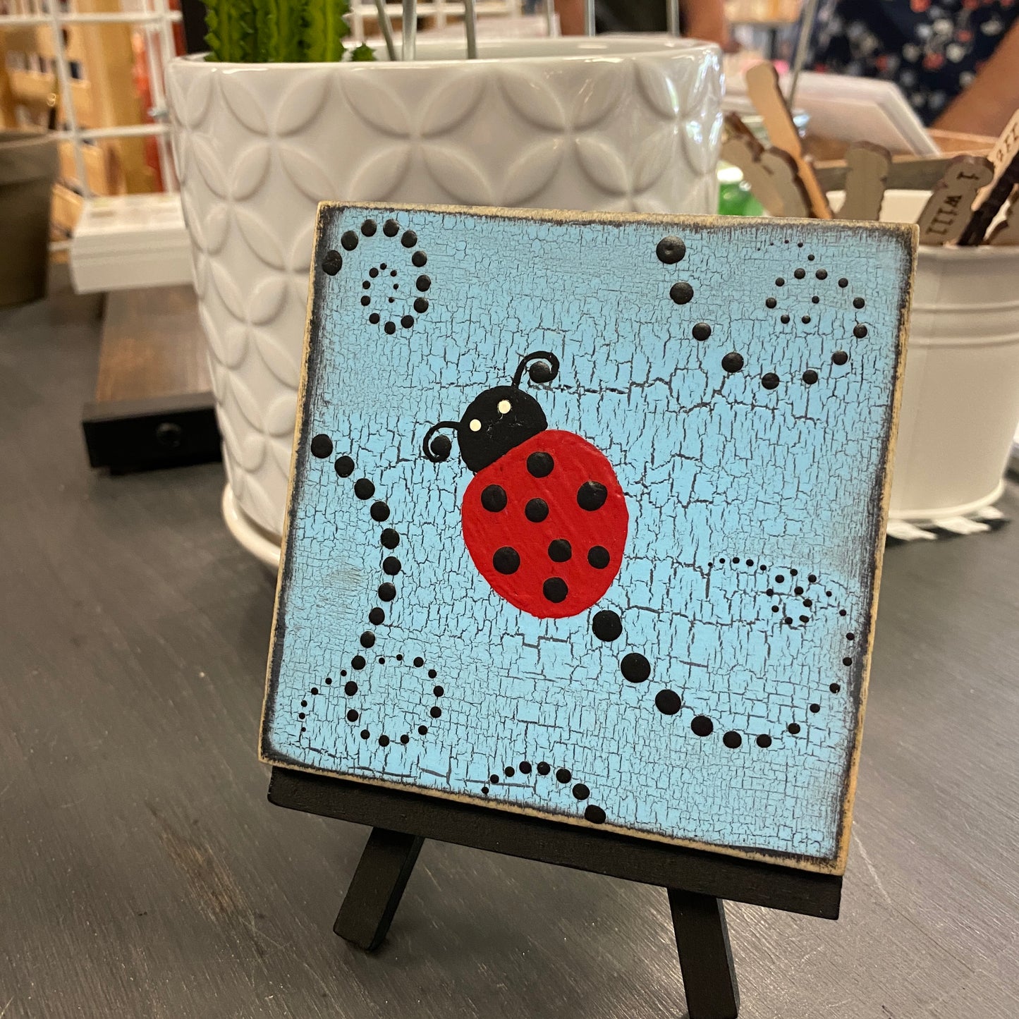Painted Ladybug Tile on Easel - Blue and Black Dot