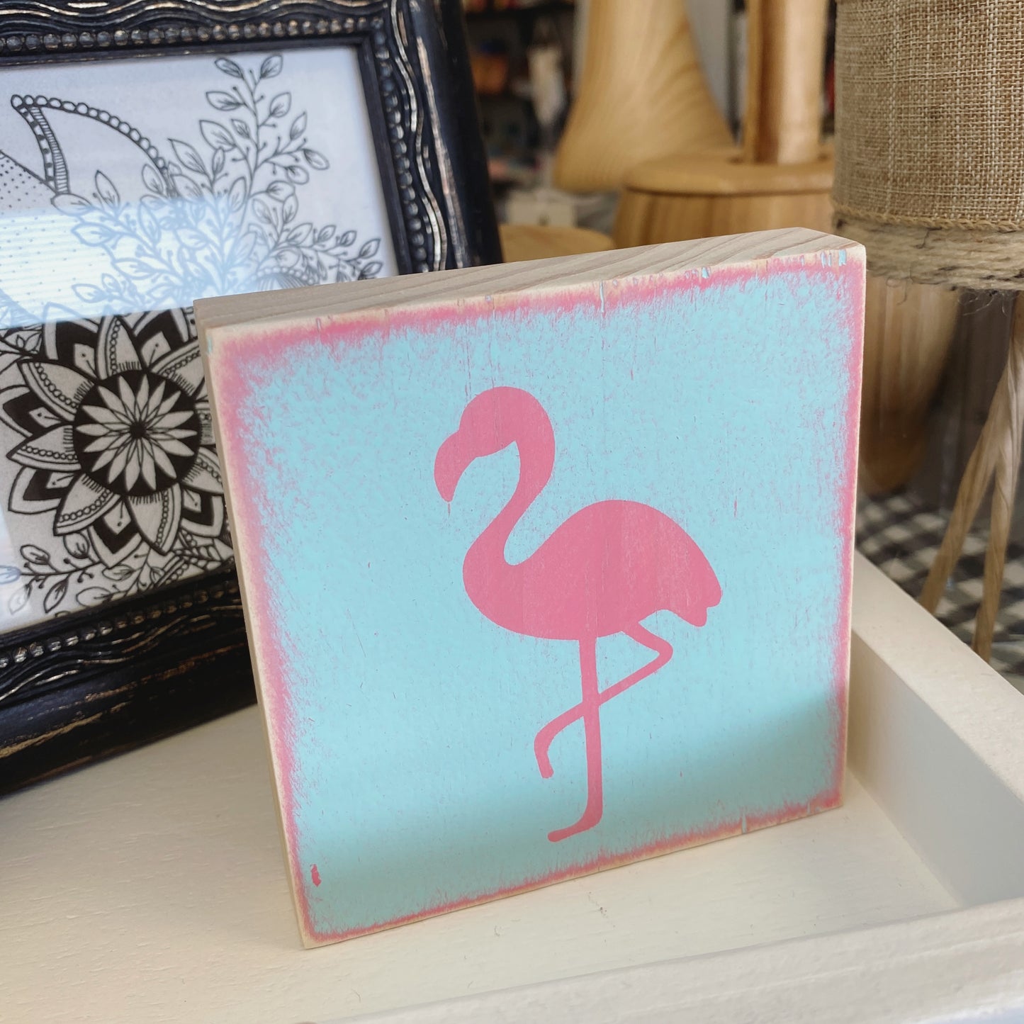 Summer Tiered Tray Decor - Pink Flamingo Shelf Sitter