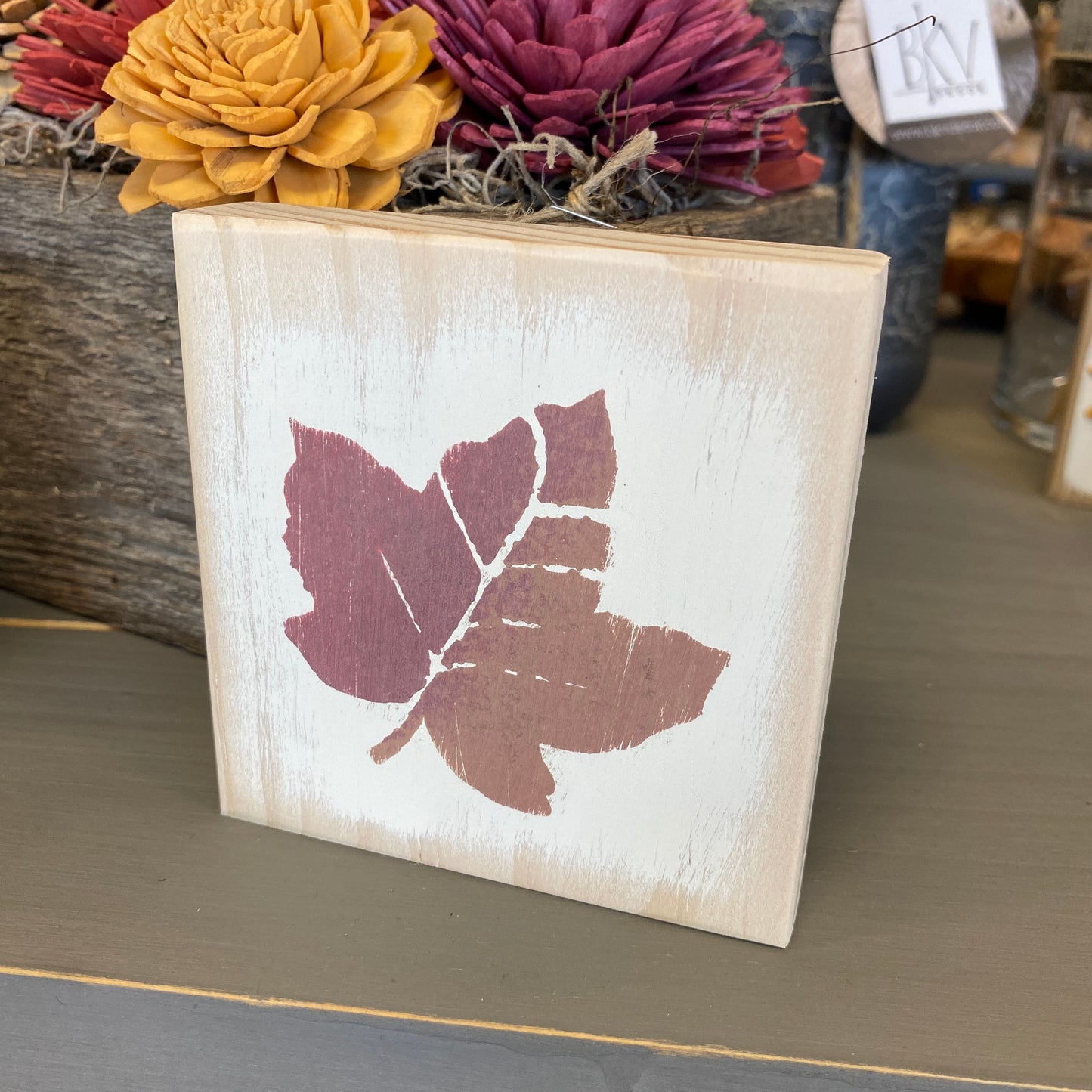 Fall Leaf Decoration - Mini Wood Sign with Red Fall Leaf