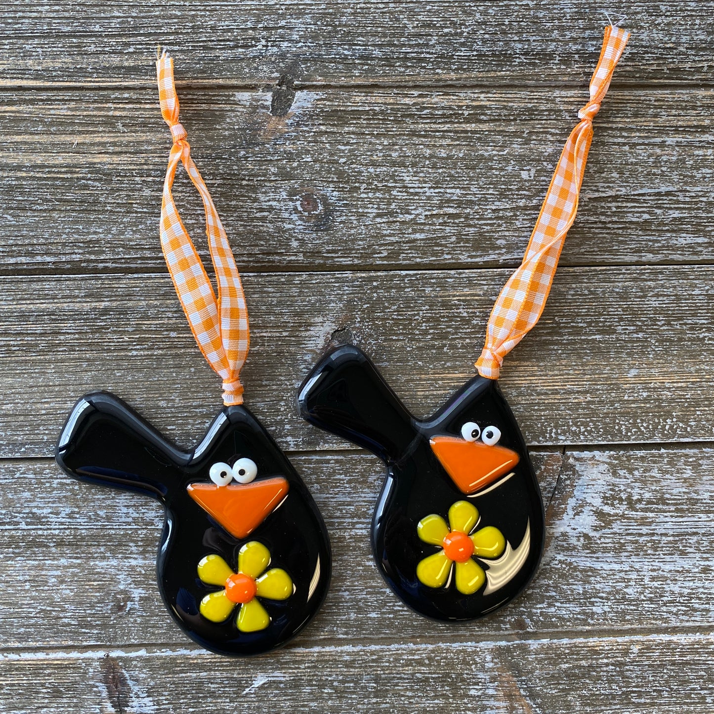 Black Bird Crow with Sunflower Fused Glass Suncatcher Ornament