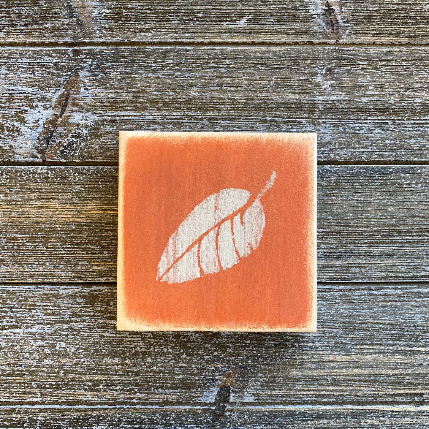 Fall Leaf Decoration - Mini Wood Sign with Orange and Beige Fall Rustic Leaf