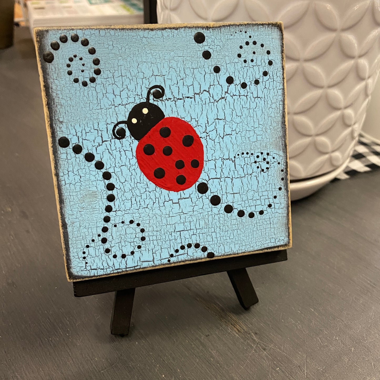 Painted Ladybug Tile on Easel - Blue and Black Dot