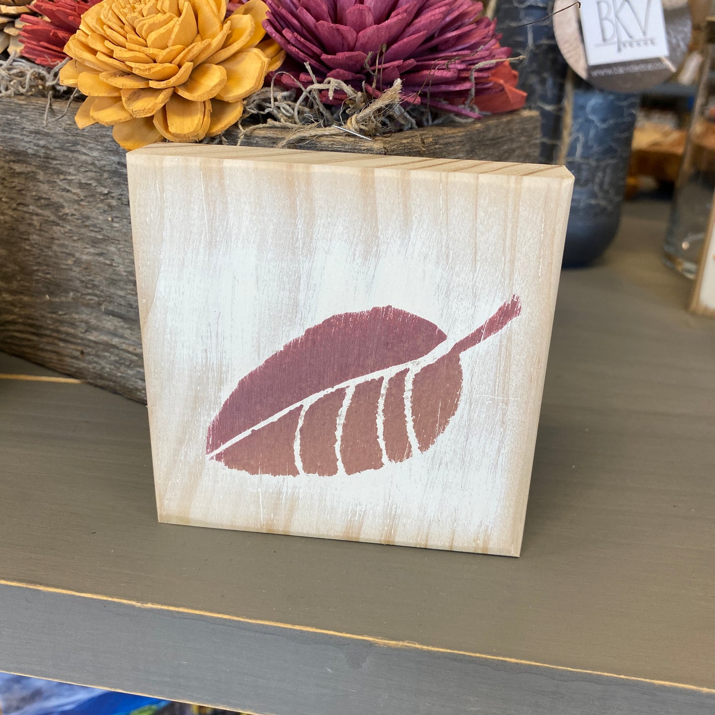 Fall Leaf Decoration - Mini Wood Sign with Red Fall Rustic Leaf