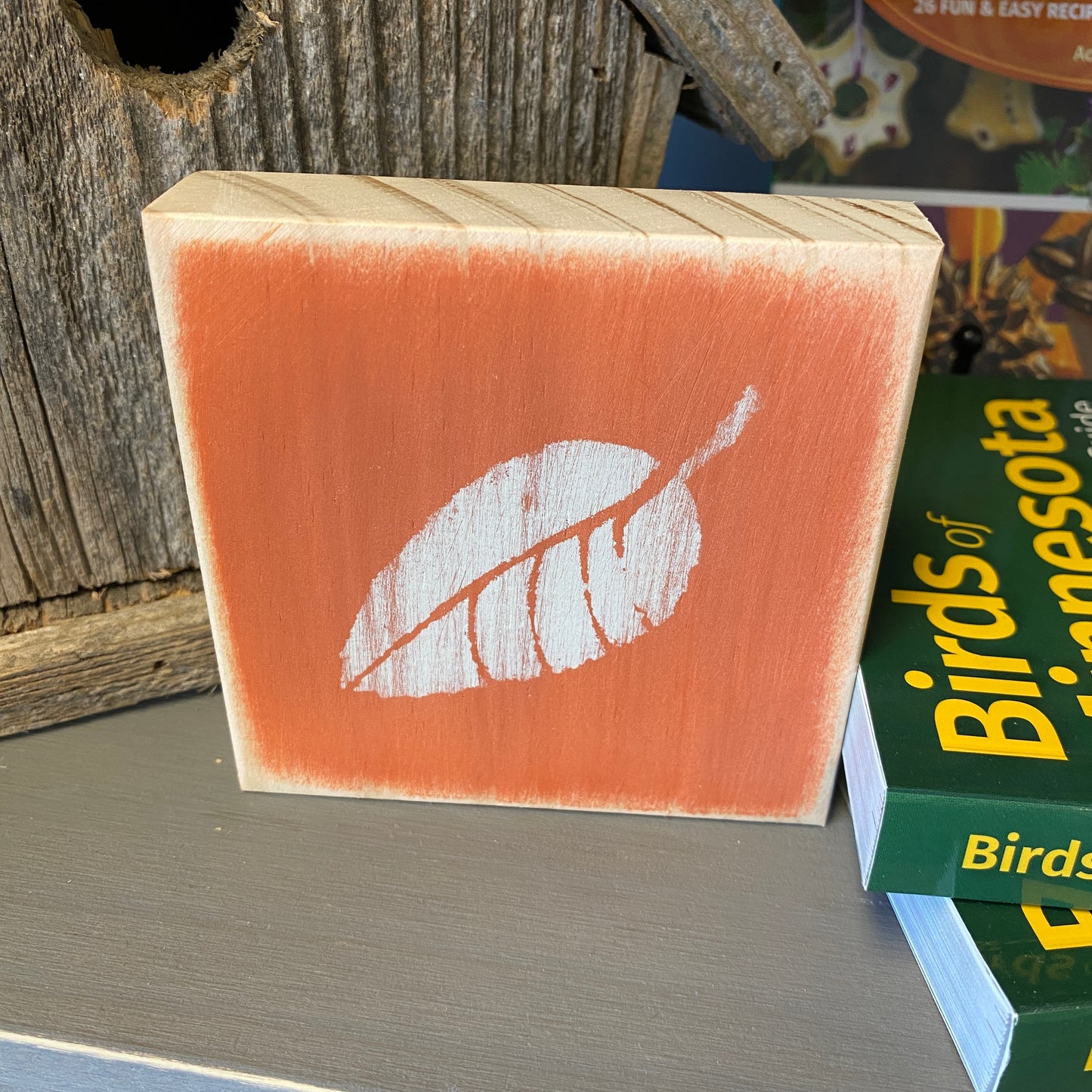 Fall Leaf Decoration - Mini Wood Sign with Orange and Beige Fall Rustic Leaf