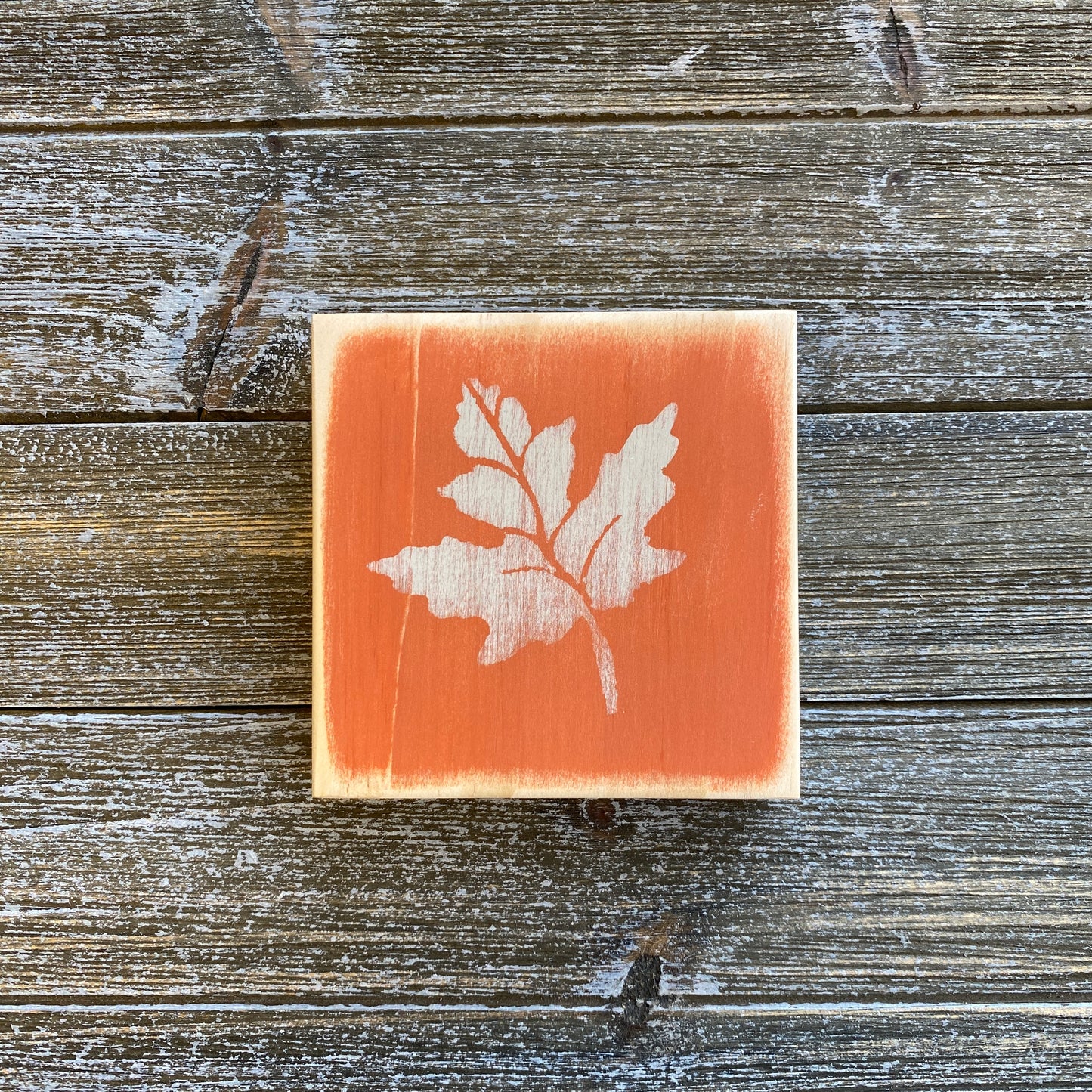 Fall Leaf Decoration - Mini Wood Sign with Orange and Beige Fall Leaf