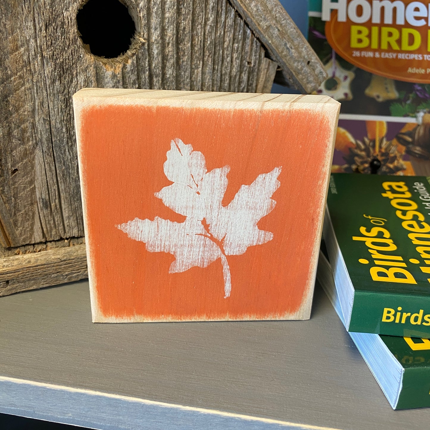 Fall Leaf Decoration - Mini Wood Sign with Orange and Beige Fall Leaf