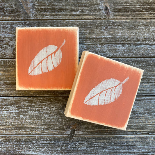 Fall Leaf Decoration - Mini Wood Sign with Orange and Beige Fall Rustic Leaf
