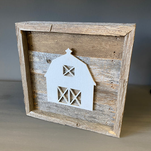 Rustic Wood Sign with White Barn