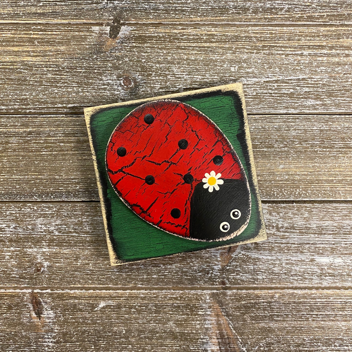 Painted Ladybug Tile on Easel - Green