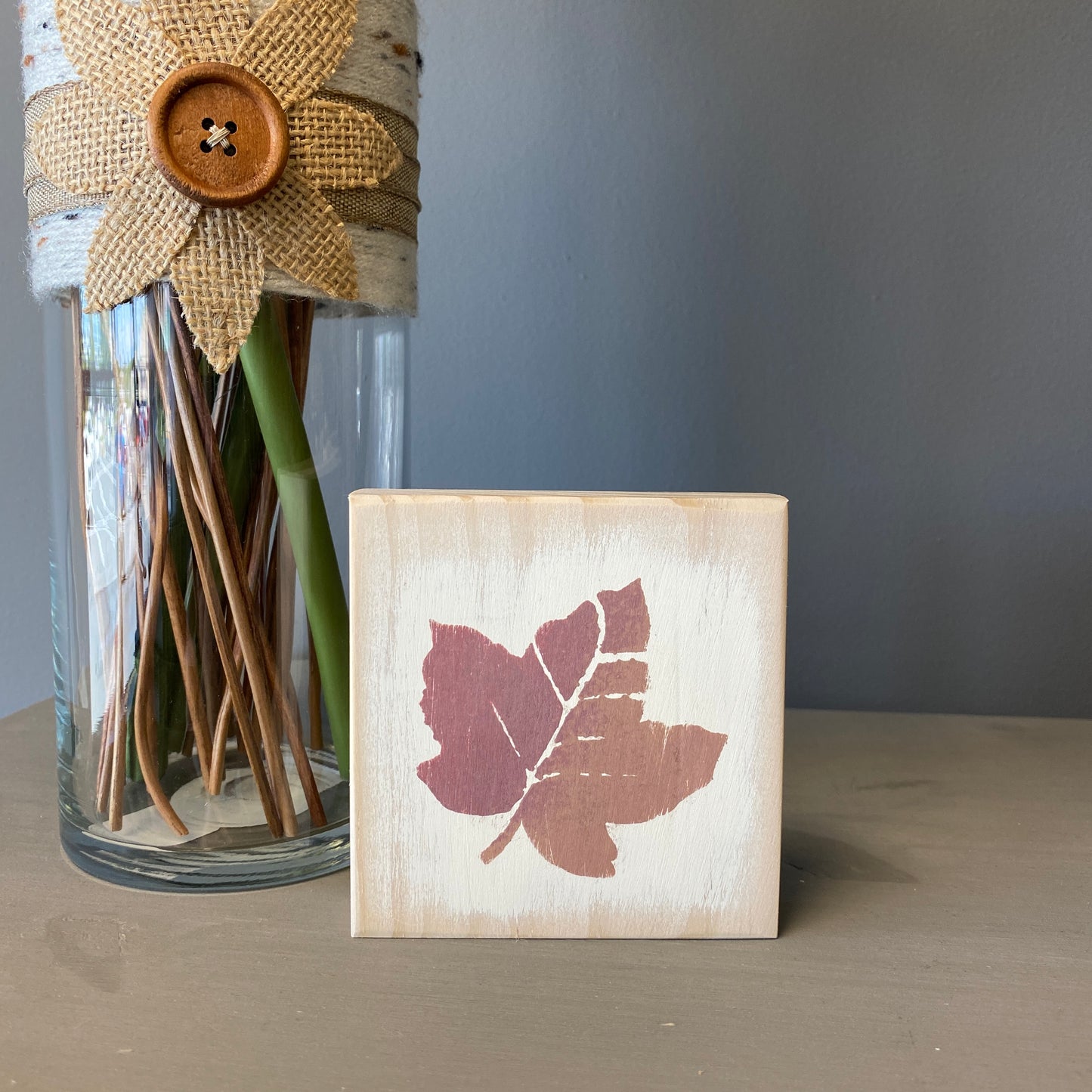 Fall Leaf Decoration - Mini Wood Sign with Red Fall Leaf