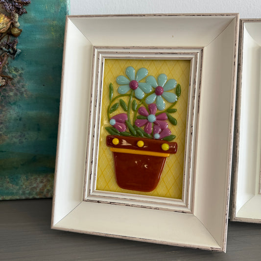 Fused Glass Art - Framed Pink and Blue Flowers