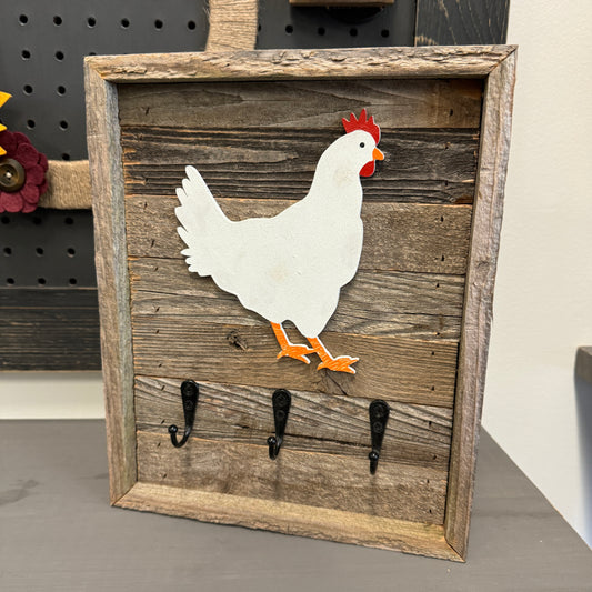 Rustic Wood Sign with 3 Hooks - Chicken