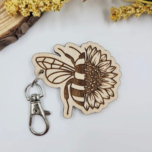 Wood Keychain - Flower and Bee