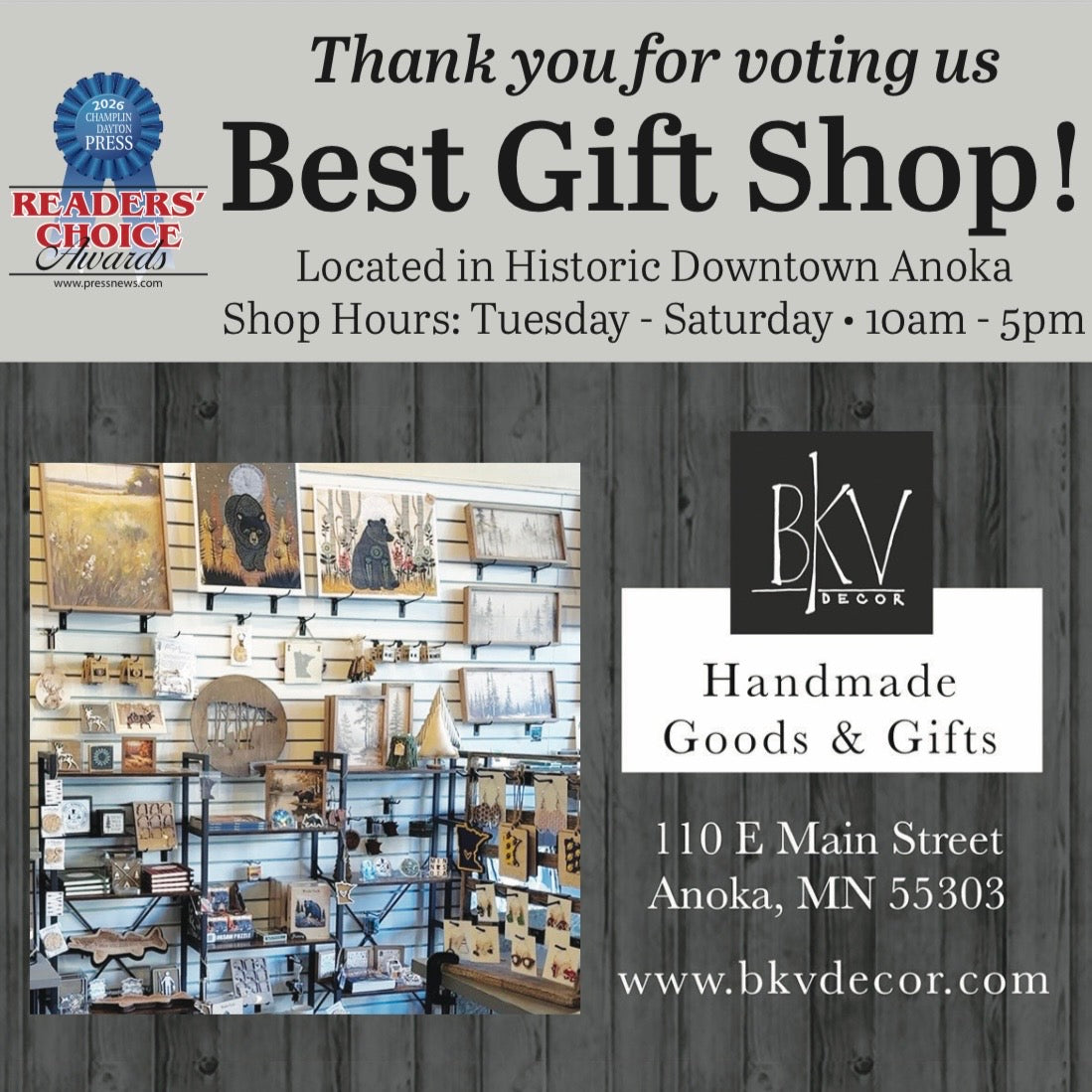 Advertisement for BKV Decor, a gift shop in Historic Downtown Anoka, with images of handmade goods and shop hours.