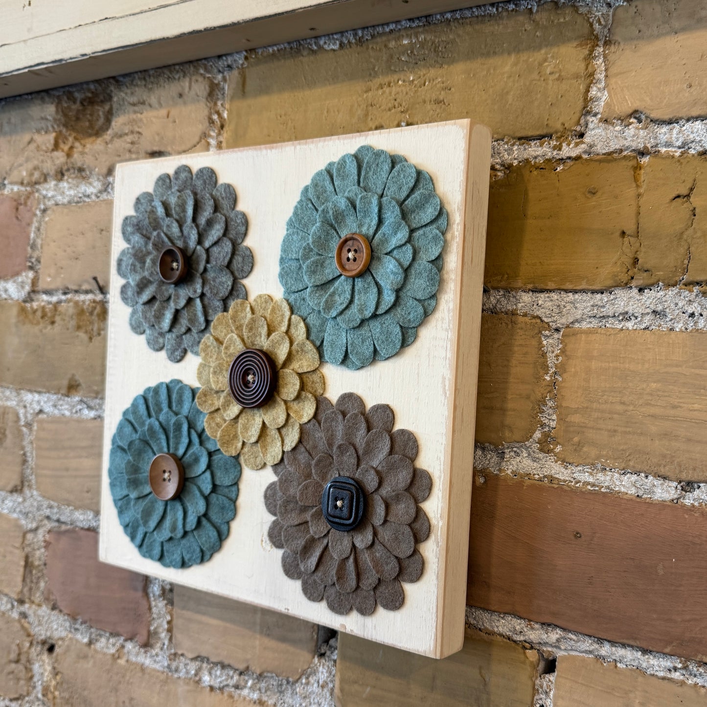 Felt Flower Wall Hanging - Square - Teal and Brown