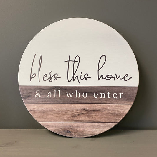 Bless This Home White and Wood Circle Sign