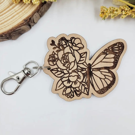 Wood Keychain - Floral Butterfly