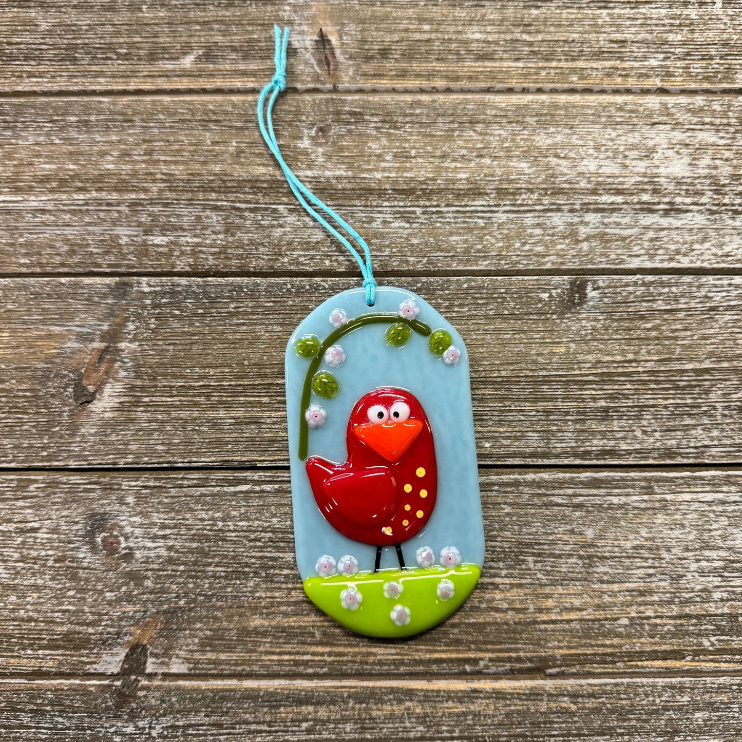 Fused Glass - Red Bird with Dots