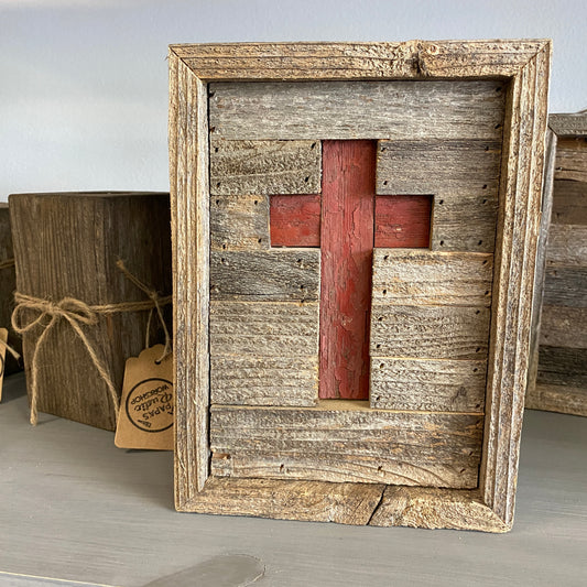 Rustic Wood Sign with Red Cross