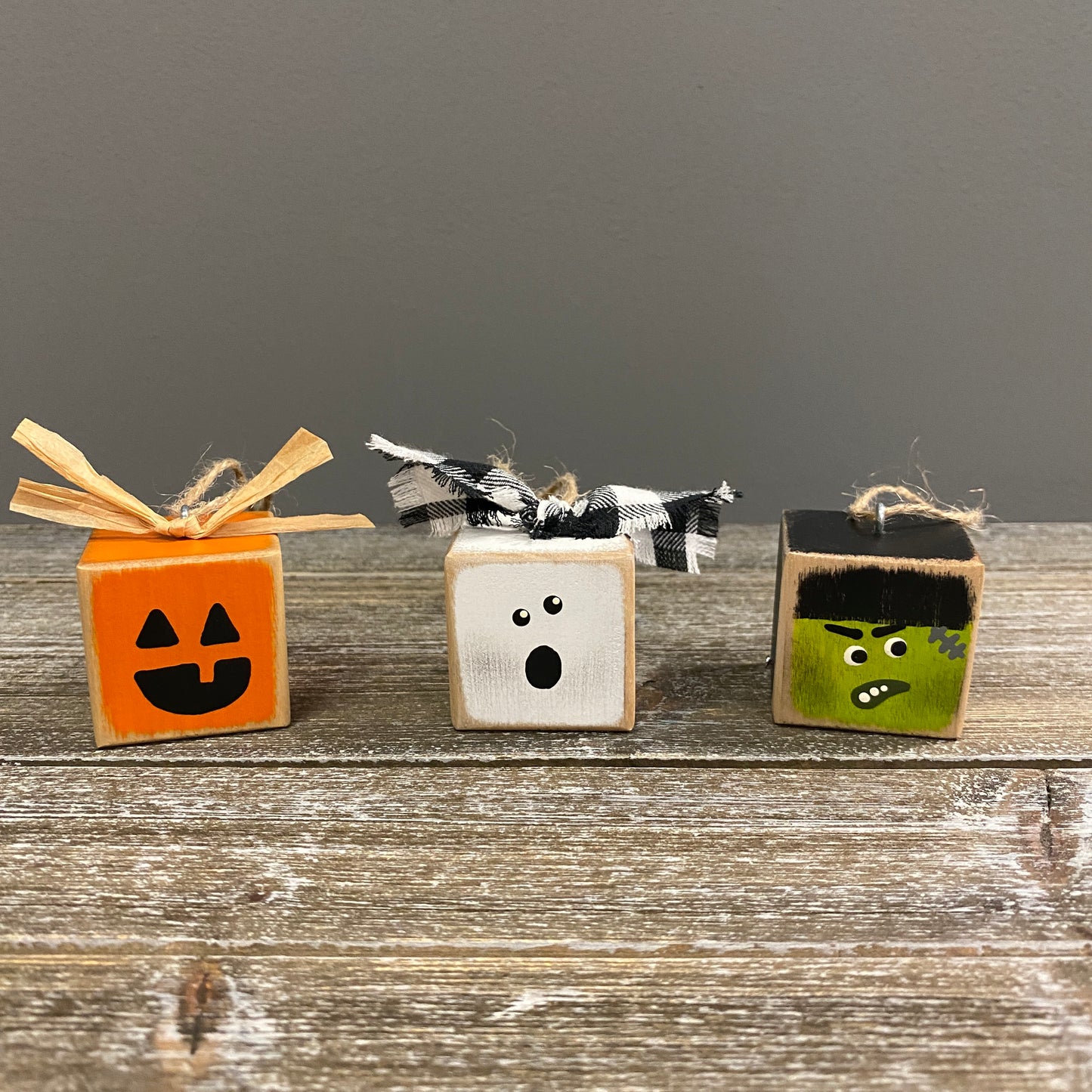 Halloween Wood Block Ornaments - Pumpkin, Ghost, and Monster
