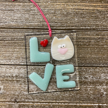 Fused Glass Suncatcher Ornament - LOVE w/ Kitty