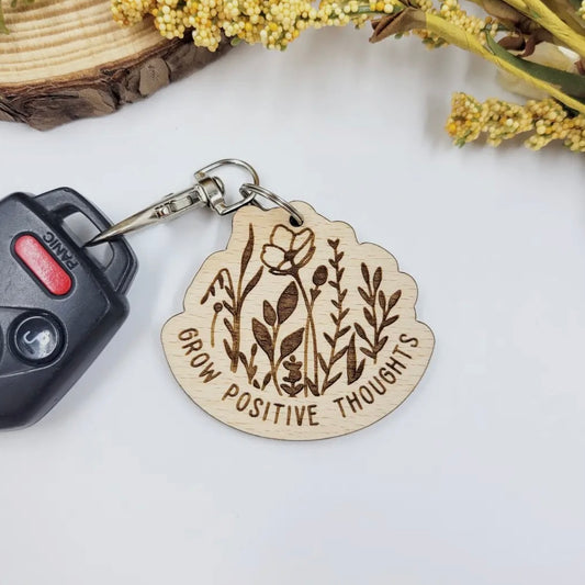 Wood Keychain - Floral Grow Positive Thoughts