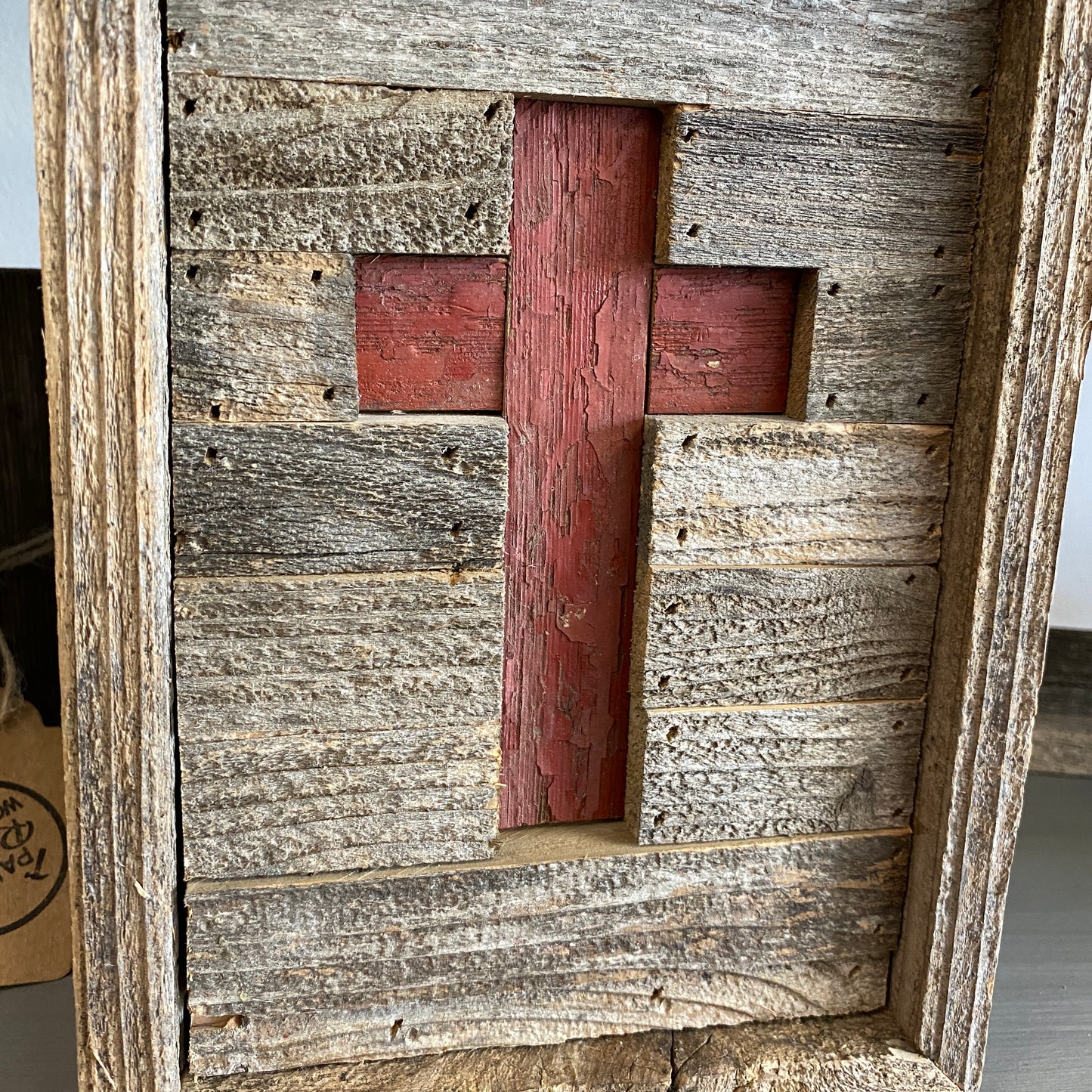 Rustic Wood Sign with Red Cross
