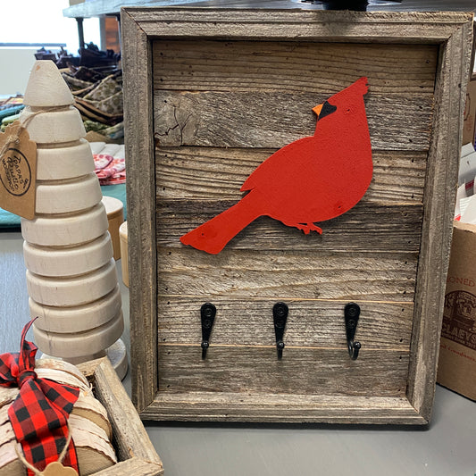 Rustic Wood Sign with 3-Hooks - Red Cardinal