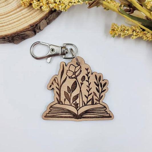 Wood Keychain - Floral Book