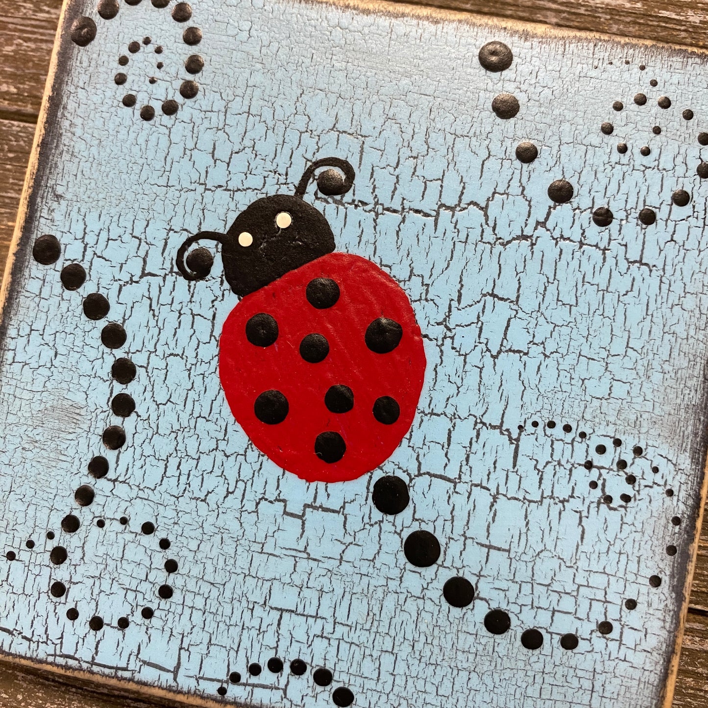 Painted Ladybug Tile on Easel - Blue and Black Dot