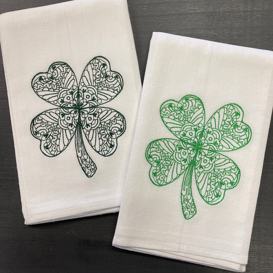 Embroidered Tea Towels - St Patricks Day Four Leaf Clover