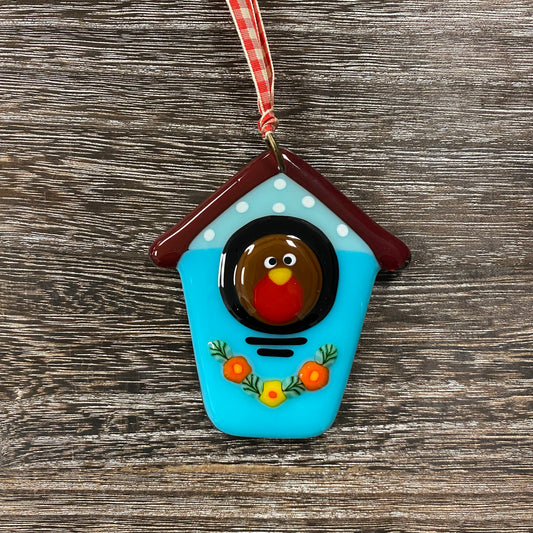 Fused Glass Ornament - Robin in Birdhouse