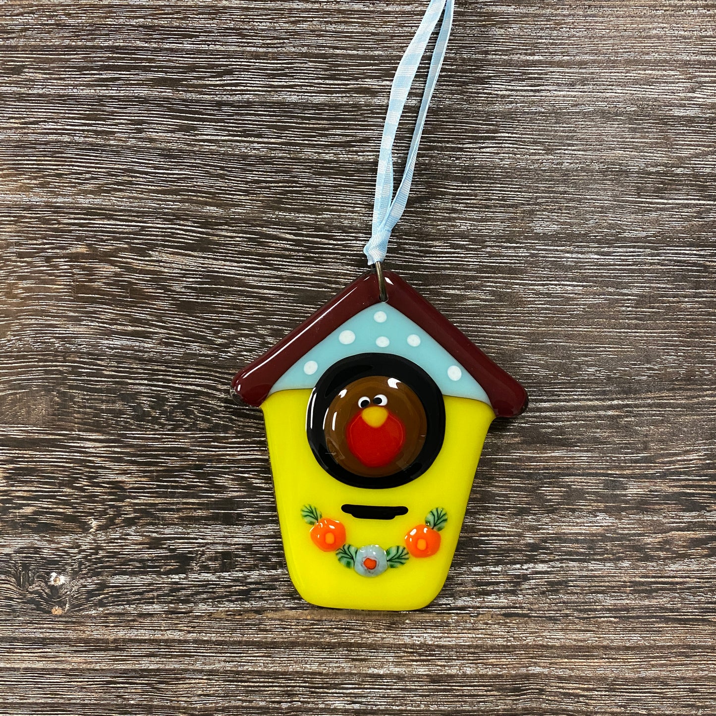 Fused Glass Ornament - Robin in Birdhouse