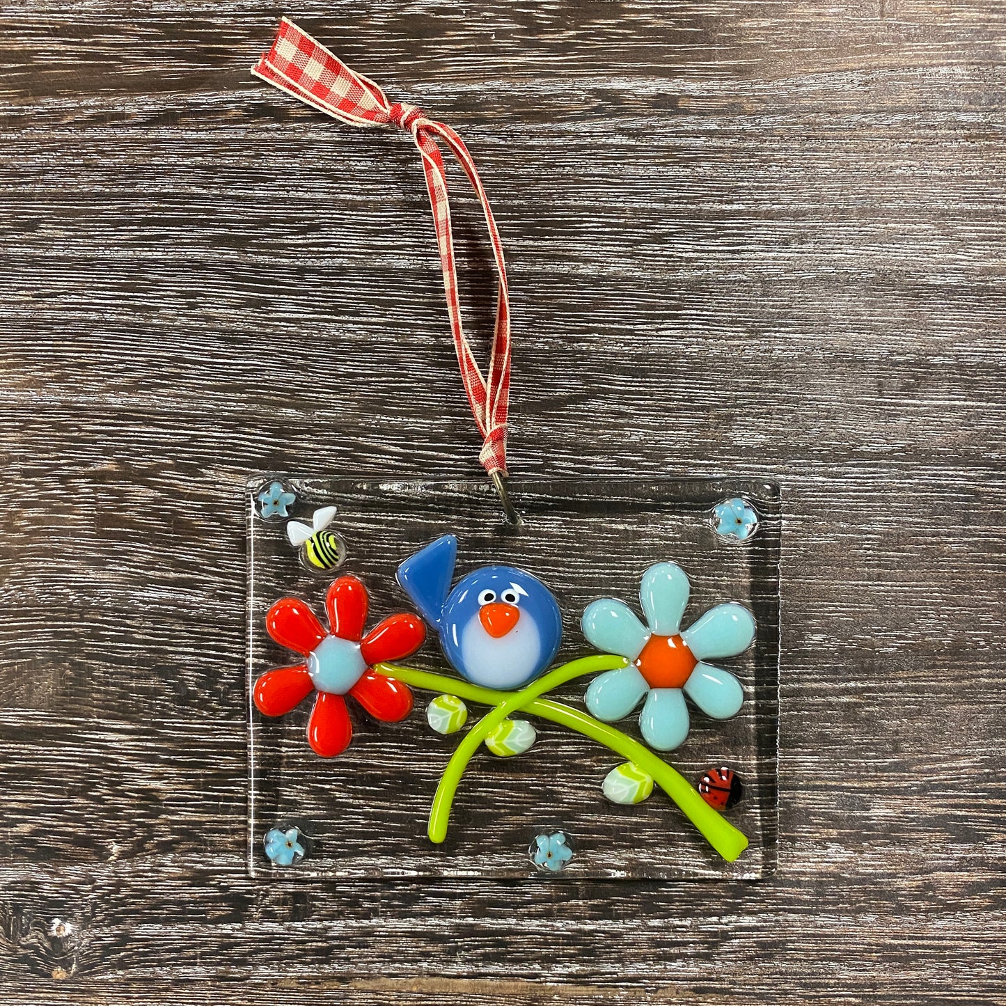 Fused Glass Suncatcher Ornament - Bird on Flower