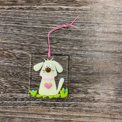 Fused Glass Suncatcher Ornament - Dog - Yellow with Heart