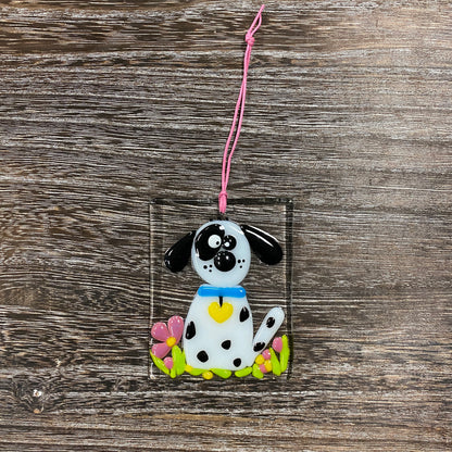 Fused Glass Suncatcher Ornament - Dog - Black and White Spots