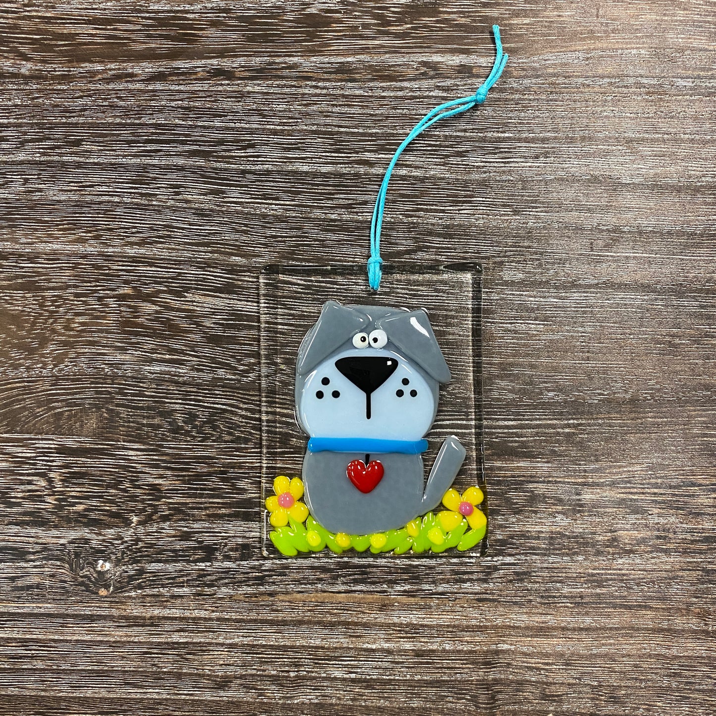 Fused Glass Suncatcher Ornament - Dog - Gray with Yellow Flowers
