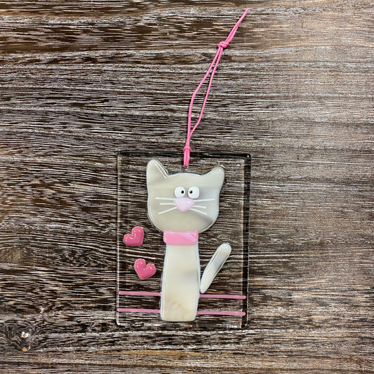 Fused Glass Suncatcher Ornament - Cat - Light Brown Kitty with Pink Hearts