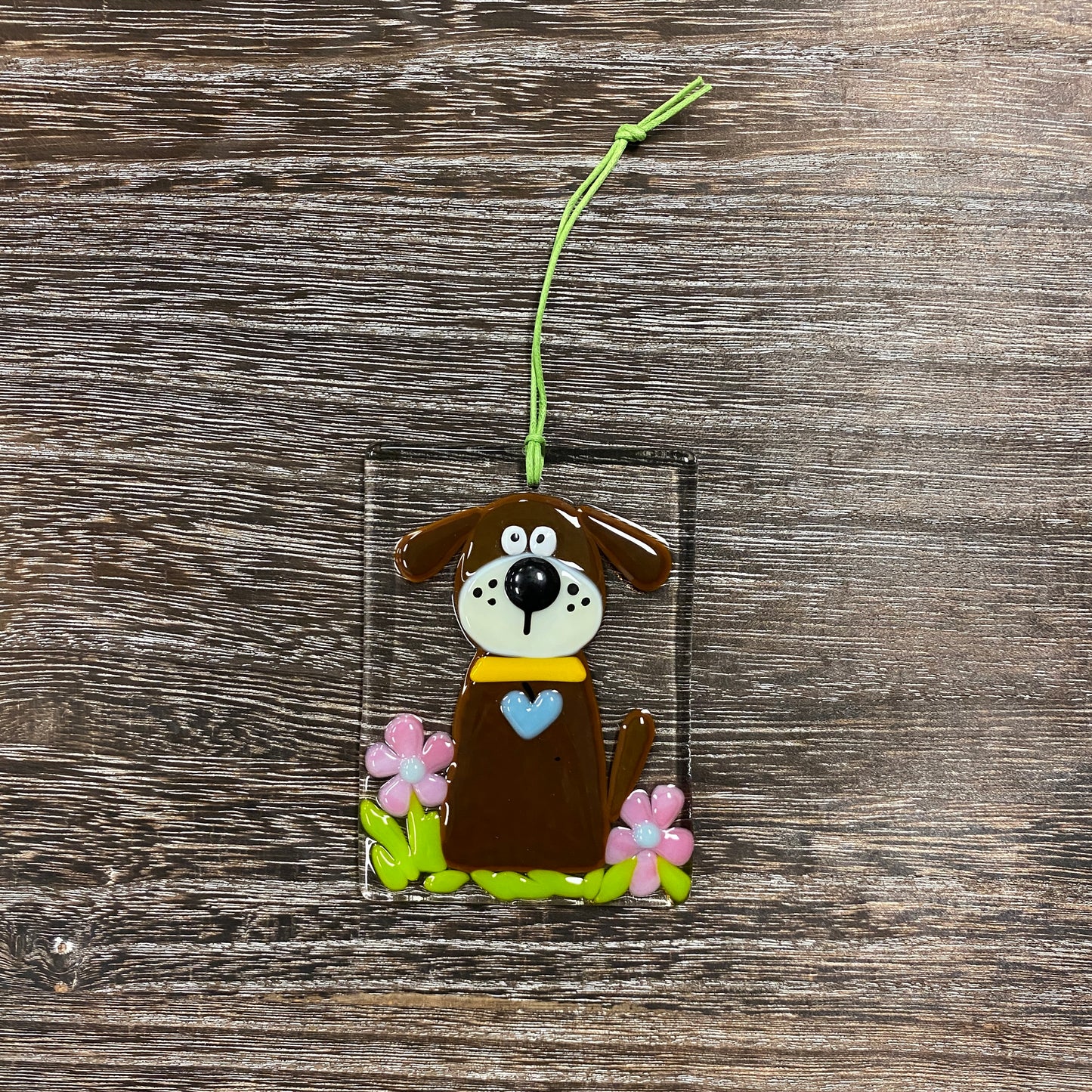 Fused Glass Suncatcher Ornament - Dog - Brown with Pink Flowers