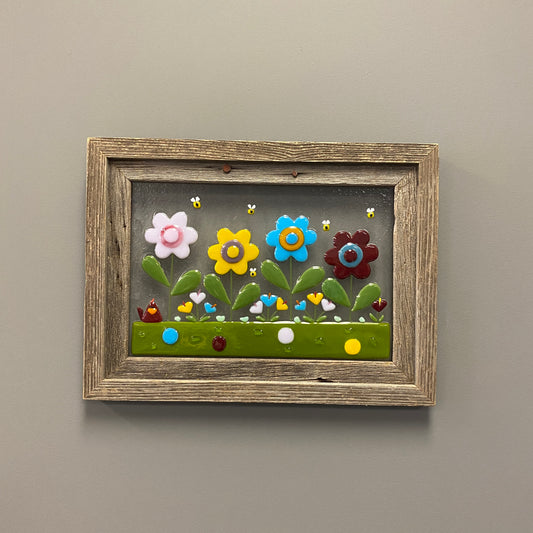 Fused Glass Window or Wall Hanging with Barnwood Frame - Daisies