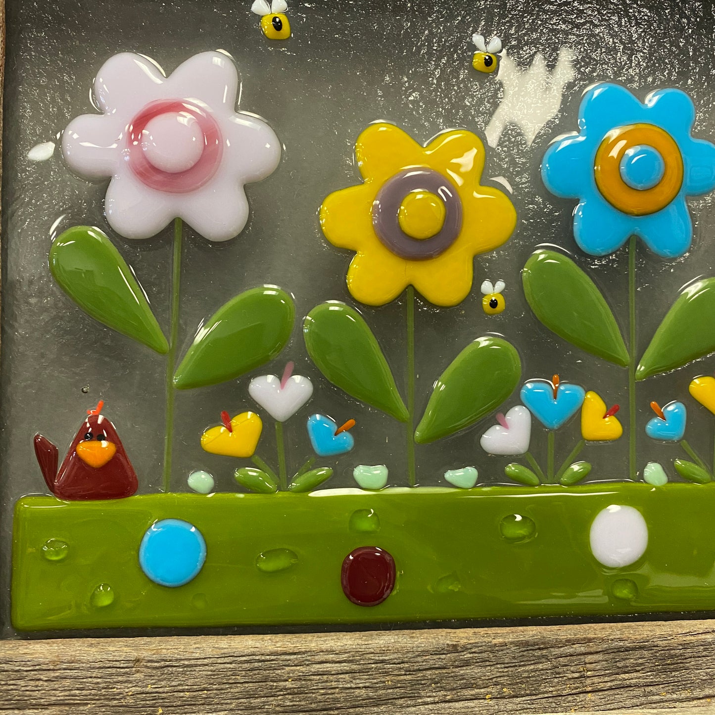 Fused Glass Window or Wall Hanging with Barnwood Frame - Daisies