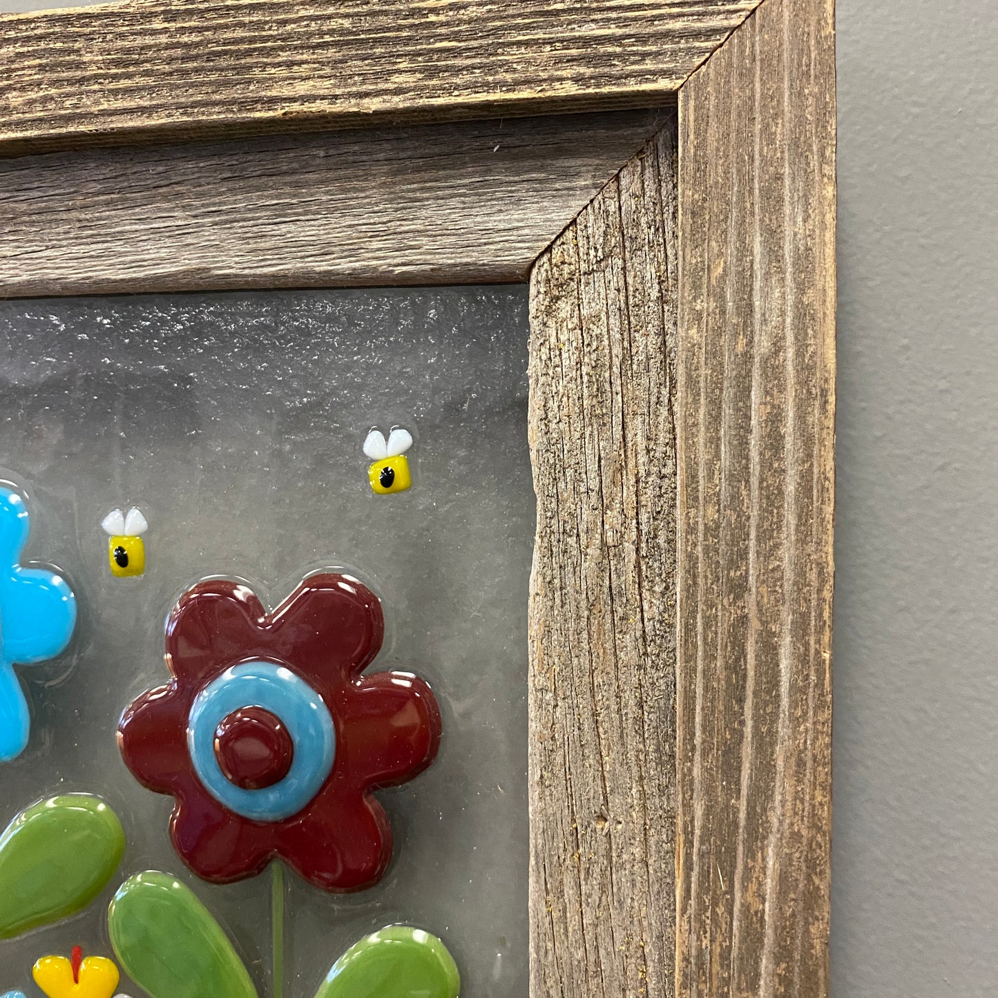 Fused Glass Window or Wall Hanging with Barnwood Frame - Daisies