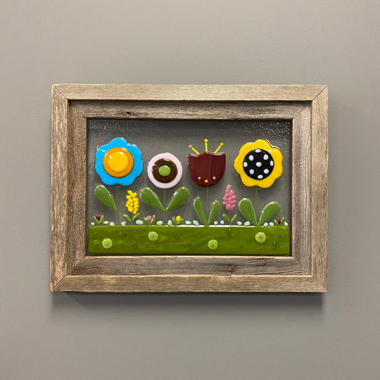 Fused Glass Window or Wall Hanging with Barnwood Frame - Flowers