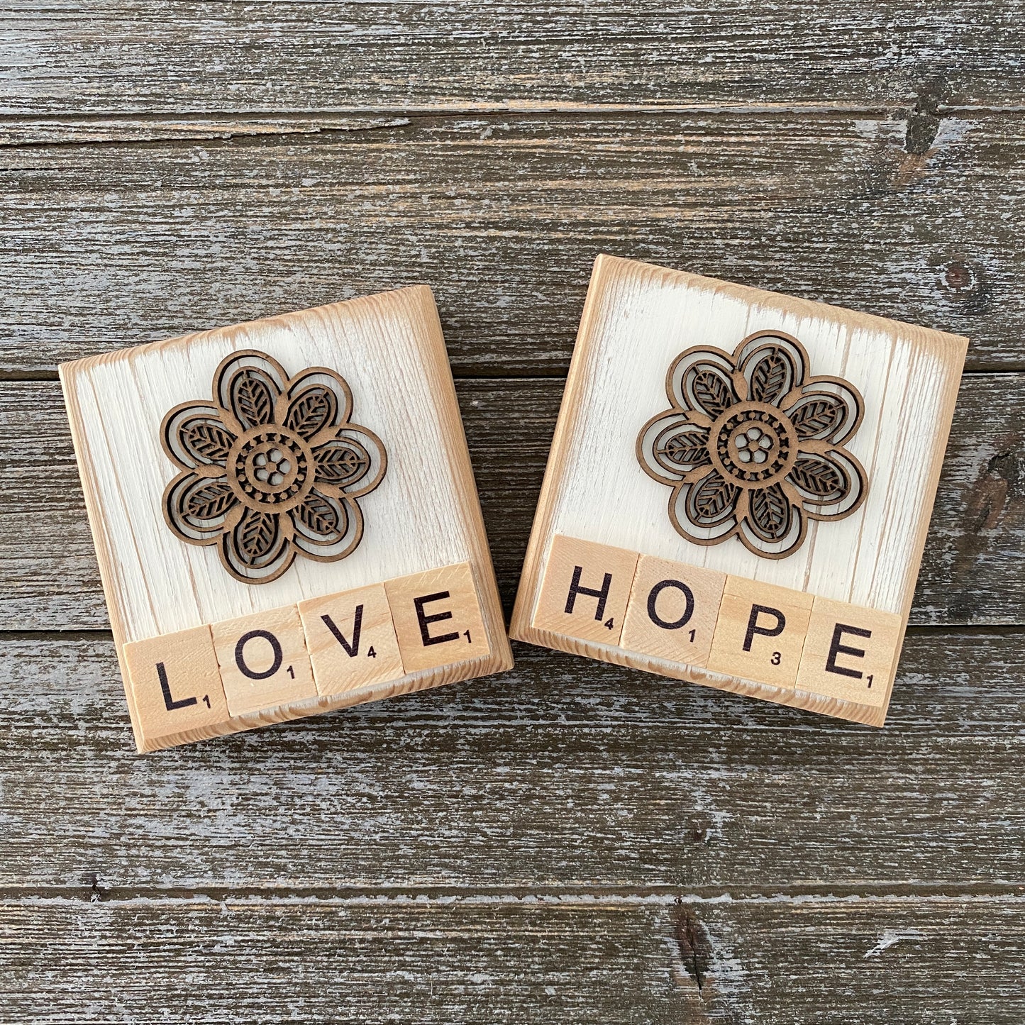 Rustic Flower Letter Tile Decor - Love and Hope Tiered Tray Decor